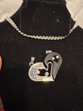 Two-Tone Silver and Black Heart Pendant Necklace with Crystals